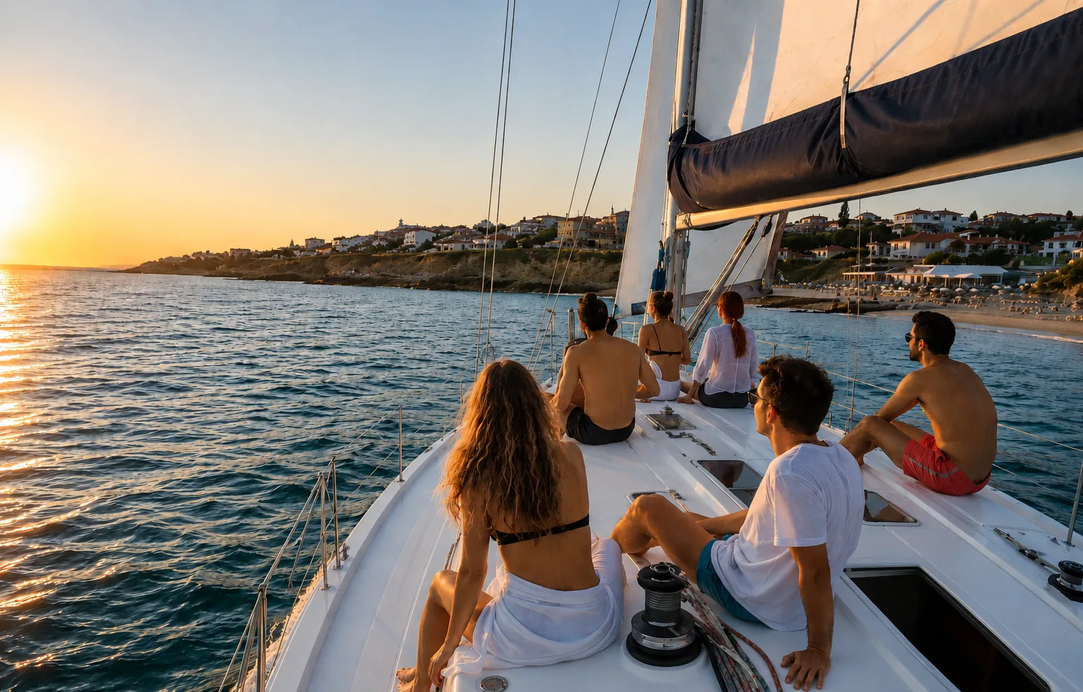 Grup de participanți pe un velier la apus — retreat sailing Limanu Harbour